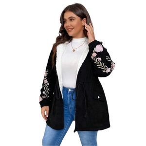 Floral Embroidery Trim Hooded Drawstring Waist Fuzzy Teddy Lined Corduroy Coat